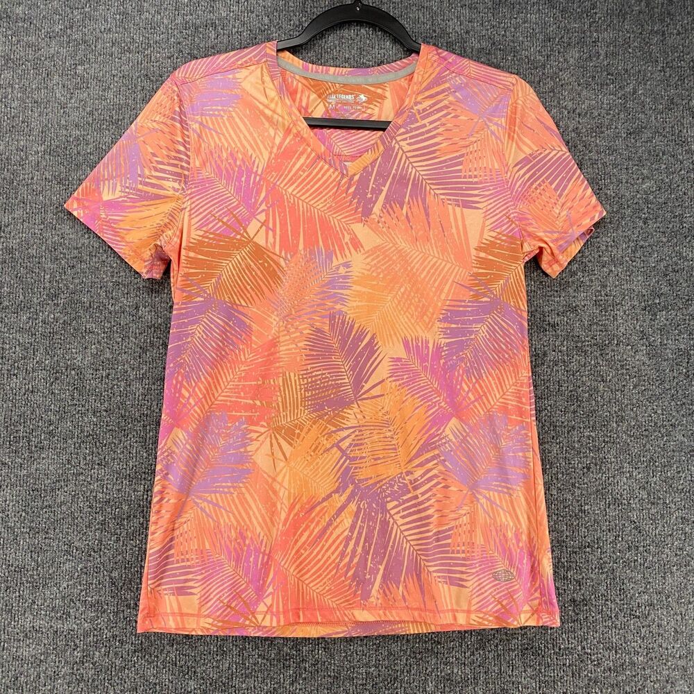 Reel Legends Blouse Top Womens M Coral Purple Leaf‎ Print V-Neck Fishing Outdoor